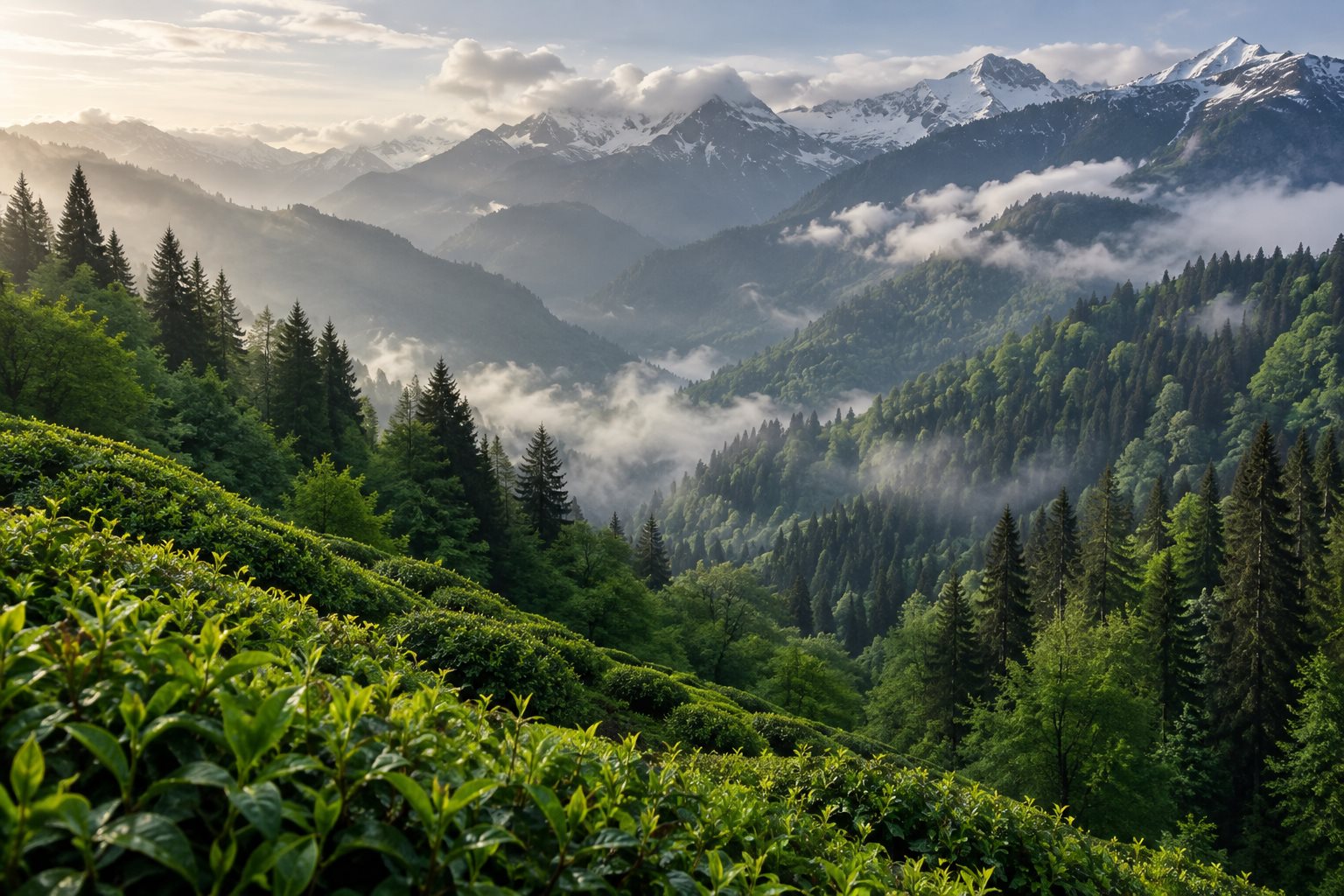 Yeşil yamaçlar ve sisli dağlardan oluşan temsili Rize doğası