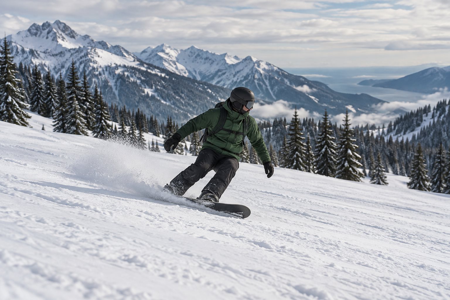 Kasklı bir snowboardcunun karlı yamaçta kontrollü dönüşünü gösteren temsili görsel